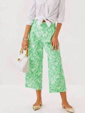 Lilly Pulitzer Mandalay Wide-Leg Crop Pants Fauna Green Tulip to Tango Print